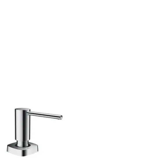 Chromfarbener Seifenspender von Hansgrohe mit schlanker, langer Ausgussarmatur, montiert auf einem sechseckigen Sockel. Ideal für die Anbringung in Badezimmern oder Küchen.